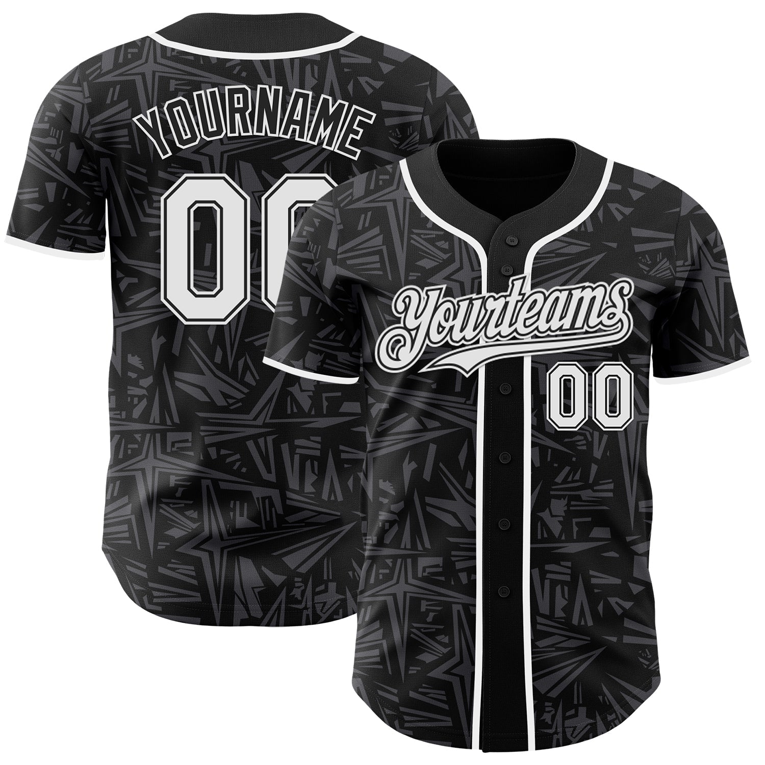 Custom Black White-Steel Gray Geometric Cyber Starburst Authentic Baseball Jersey - Main View