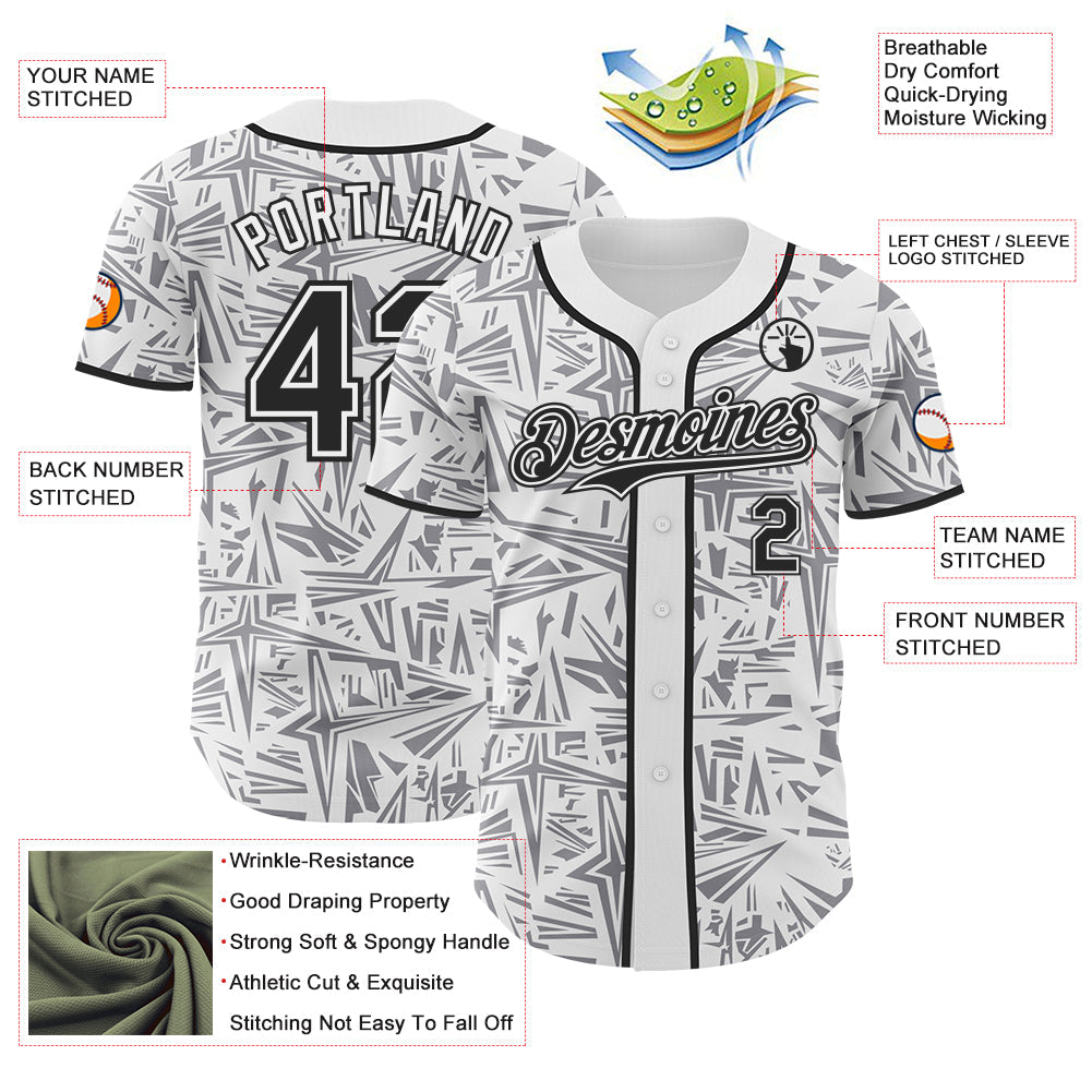 Custom White Black-Gray Geometric Cyber Starburst Authentic Baseball Jersey view 3