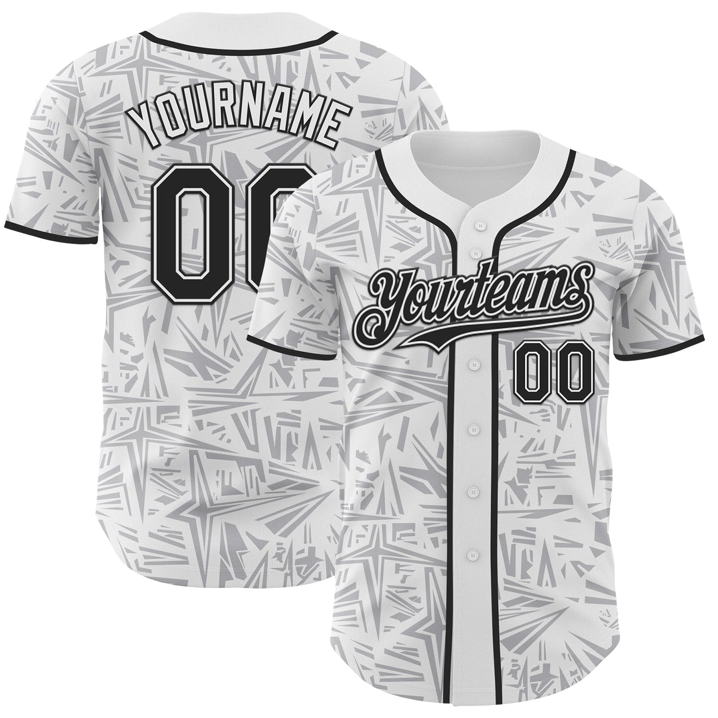 Custom White Black-Gray Geometric Cyber Starburst Authentic Baseball Jersey - Main View