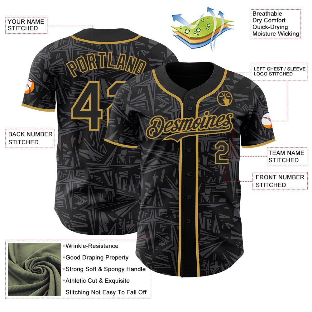 Custom Black Steel Gray-Old Gold Geometric Cyber Starburst Authentic Baseball Jersey view 3