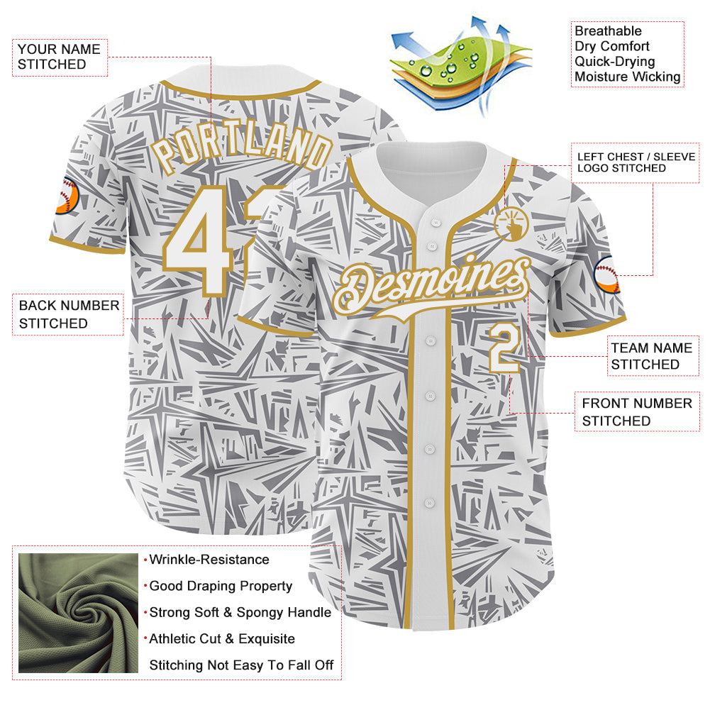 Custom White Gray-Old Gold Geometric Cyber Starburst Authentic Baseball Jersey view 3