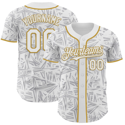 Custom White Gray-Old Gold Geometric Cyber Starburst Authentic Baseball Jersey - Main View