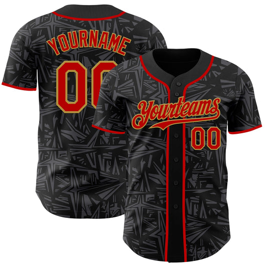Custom Black Red Steel Gray-Old Gold Geometric Cyber Starburst Authentic Baseball Jersey - Main View