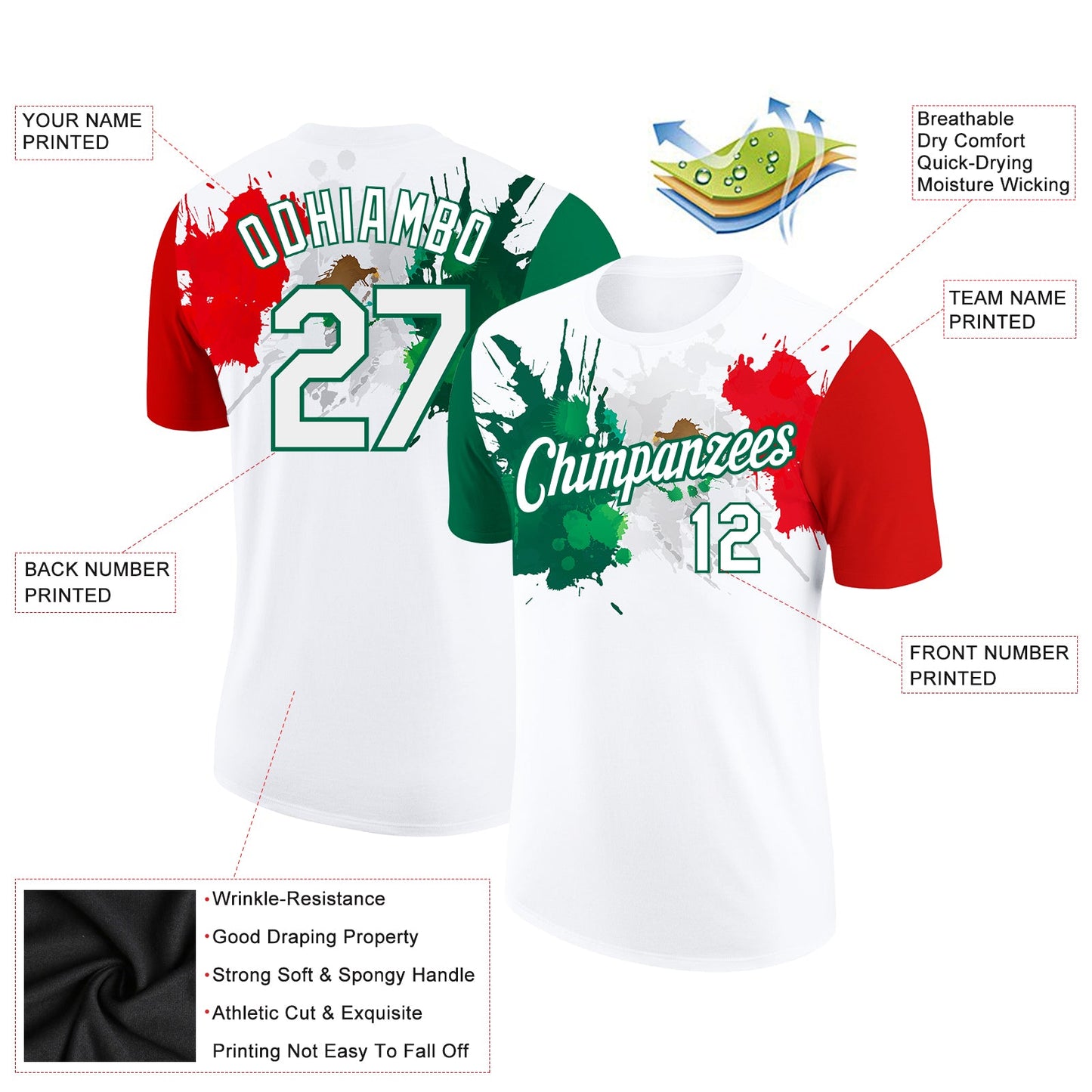 Custom White Kelly Green-Red 3D Mexico Splashes Performance T-Shirt view 2