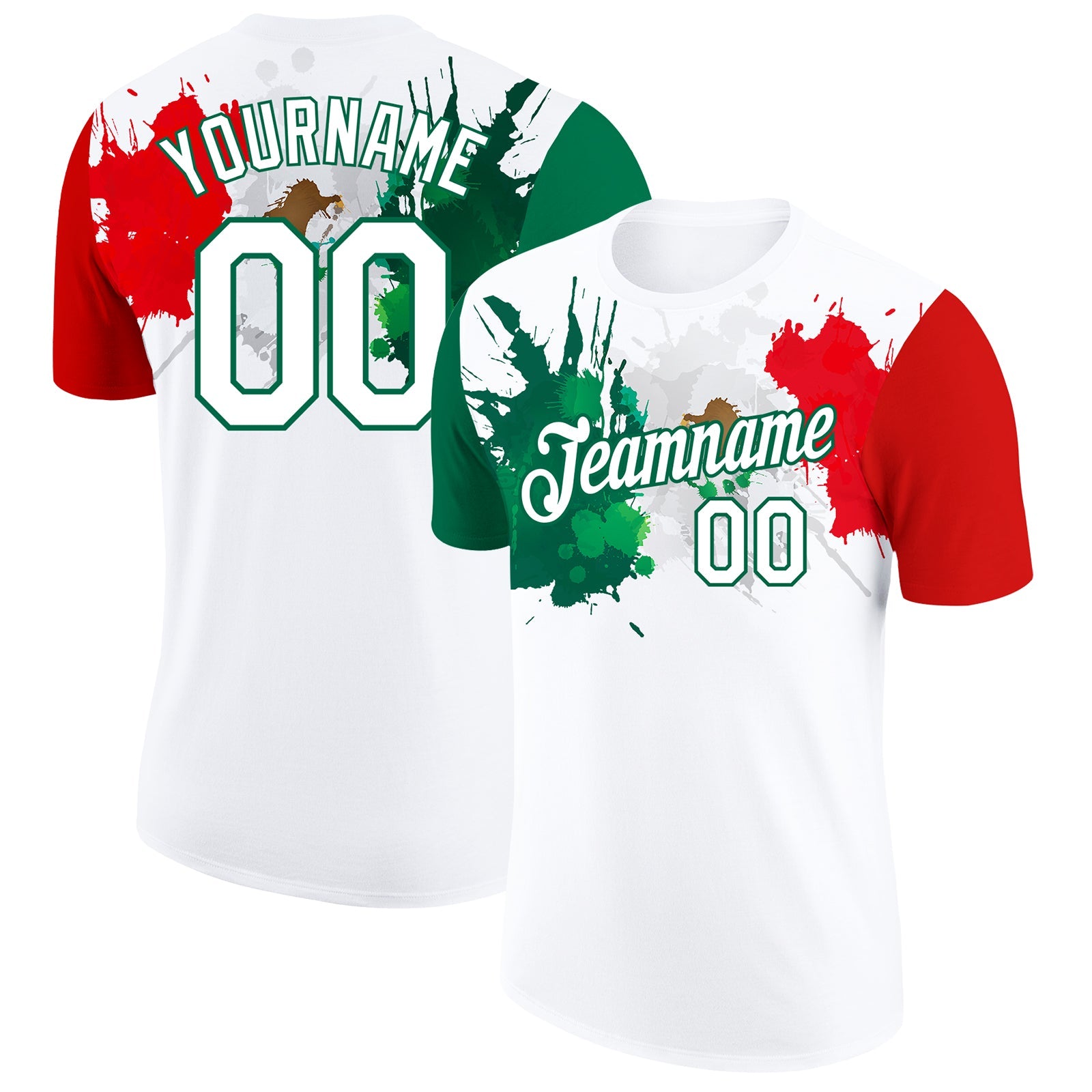 Custom White Kelly Green-Red 3D Mexico Splashes Performance T-Shirt - Main View