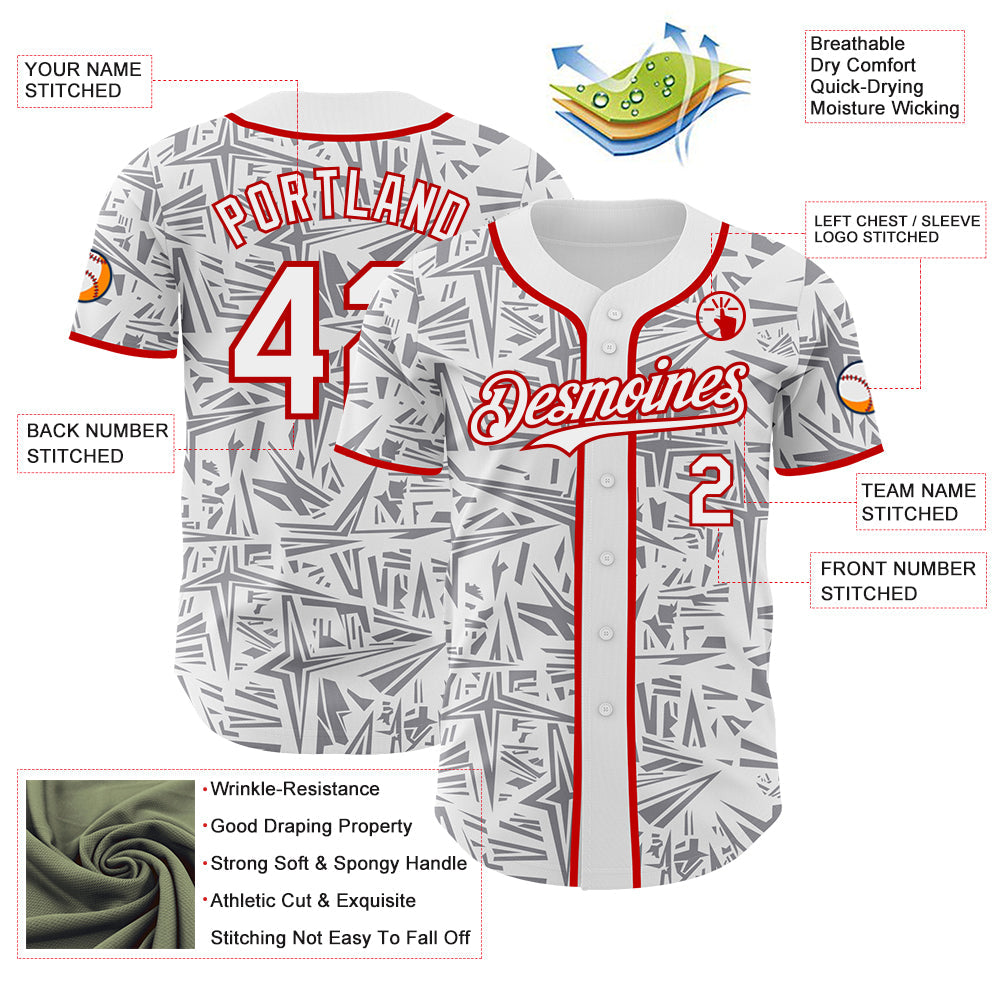 Custom White Gray-Red Geometric Cyber Starburst Authentic Baseball Jersey view 3