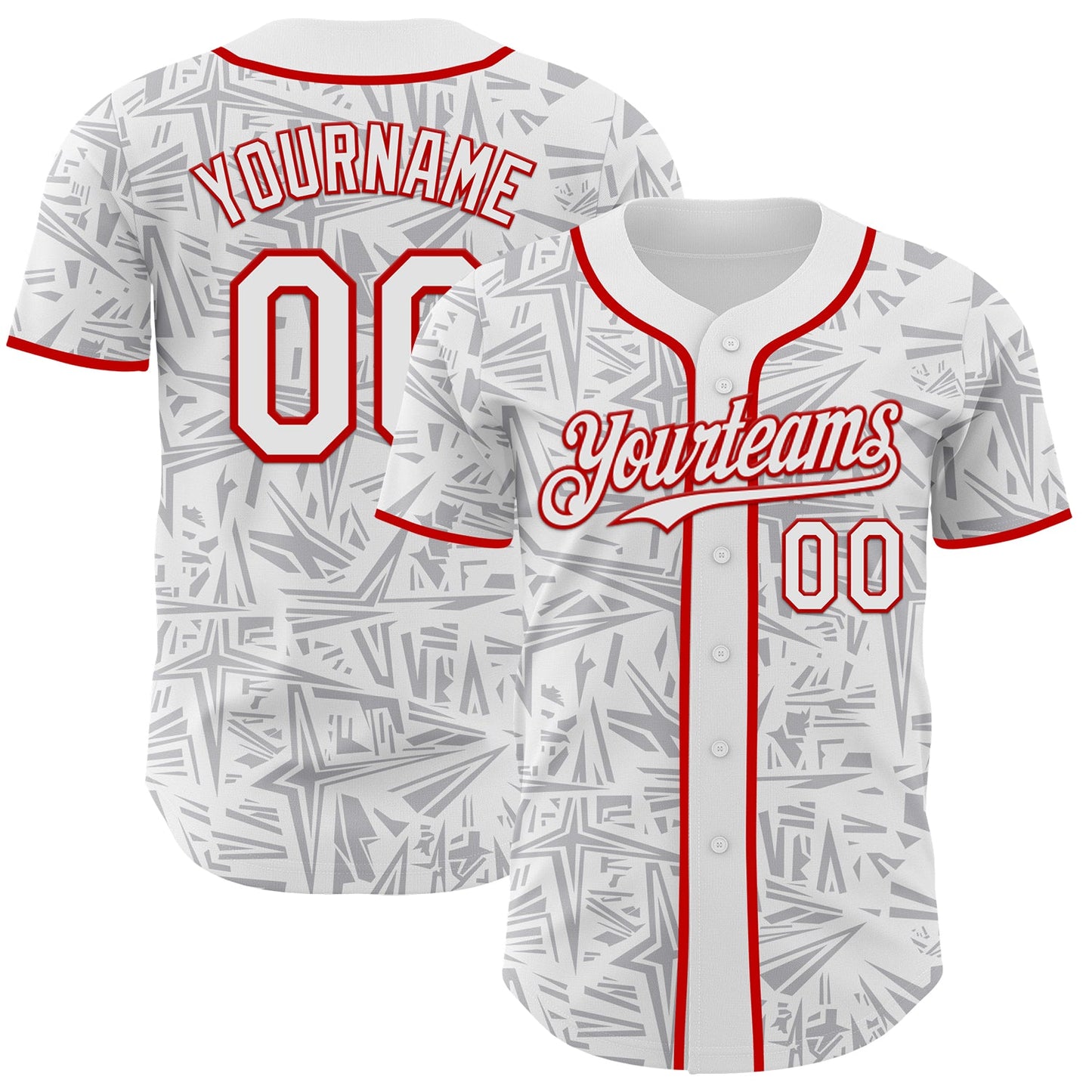 Custom White Gray-Red Geometric Cyber Starburst Authentic Baseball Jersey - Main View