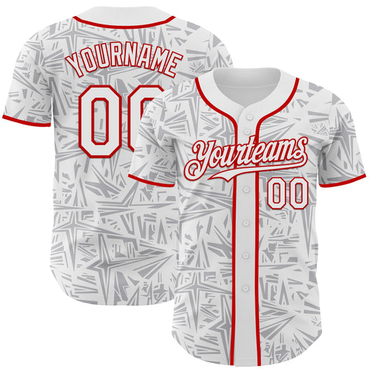 Custom White Gray-Red Geometric Cyber Starburst Authentic Baseball Jersey - Main View