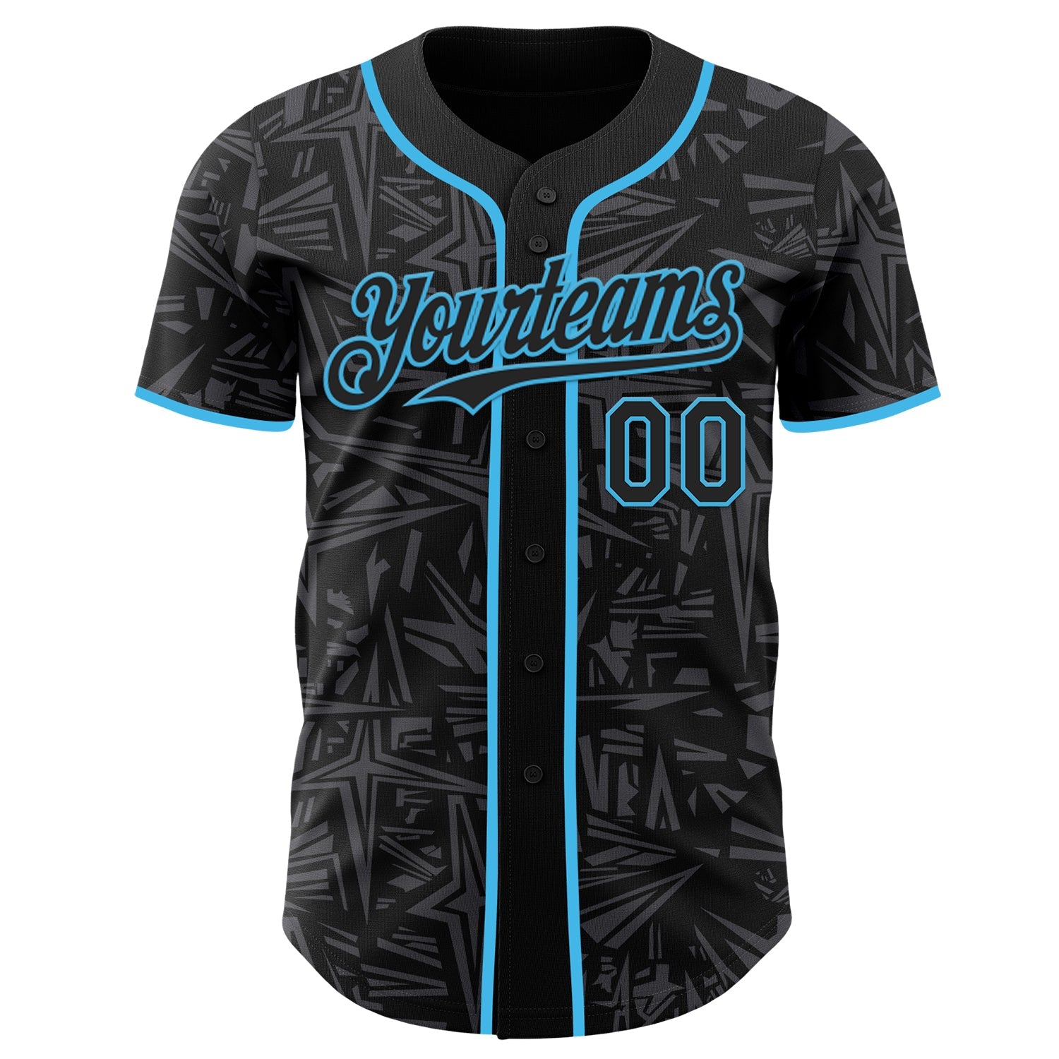 Custom Black Steel Gray-Sky Blue Geometric Cyber Starburst Authentic Baseball Jersey view 2