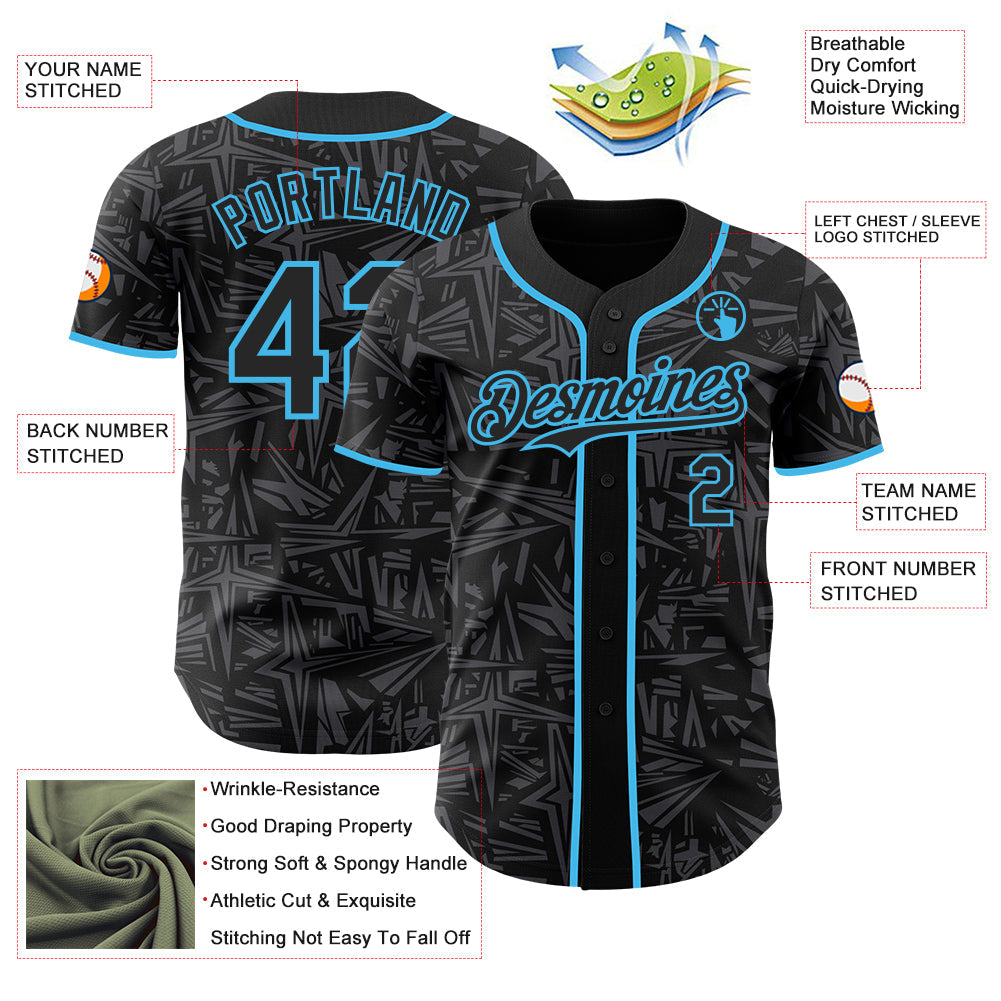 Custom Black Steel Gray-Sky Blue Geometric Cyber Starburst Authentic Baseball Jersey view 3
