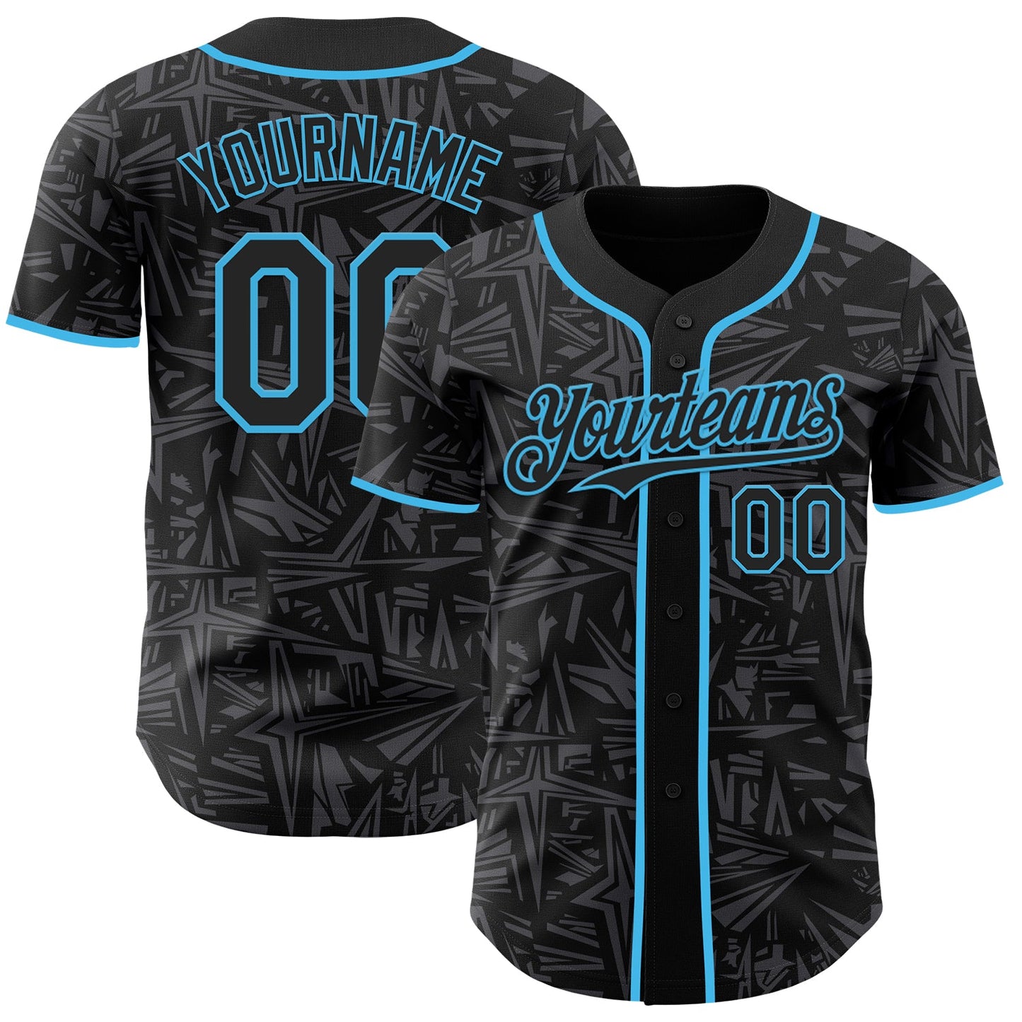 Custom Black Steel Gray-Sky Blue Geometric Cyber Starburst Authentic Baseball Jersey - Main View