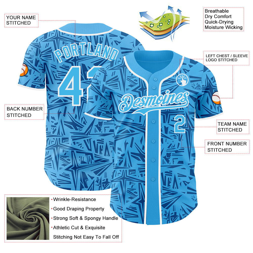 Custom Sky Blue Blue-White Geometric Cyber Starburst Authentic Baseball Jersey view 3