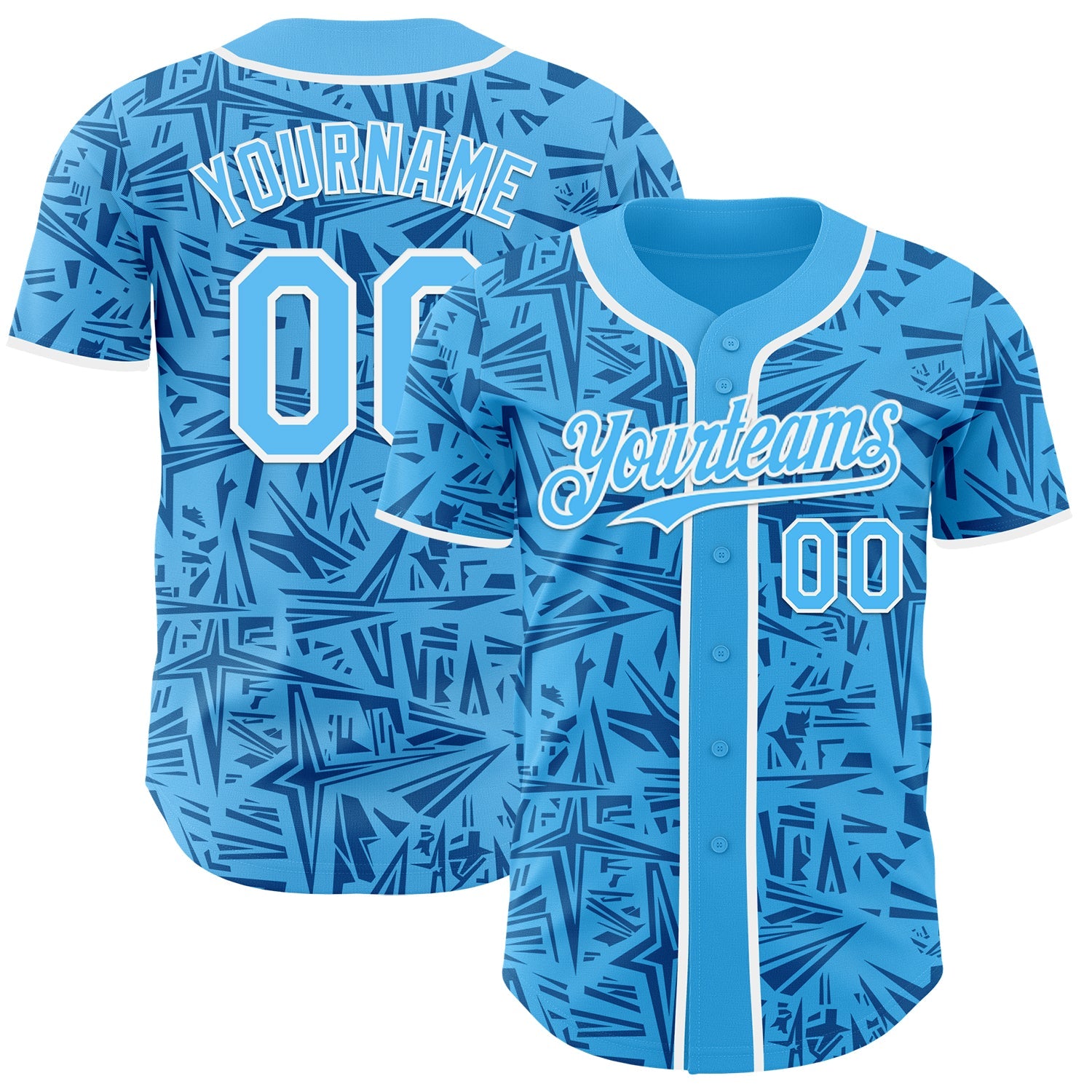 Custom Sky Blue Blue-White Geometric Cyber Starburst Authentic Baseball Jersey - Main View