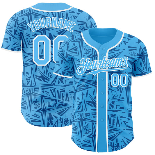 Custom Sky Blue Blue-White Geometric Cyber Starburst Authentic Baseball Jersey - Main View