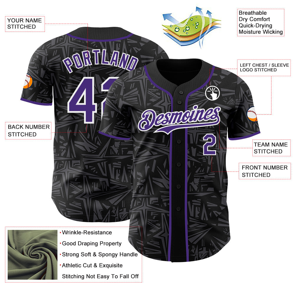 Custom Black Purple Steel Gray-White Geometric Cyber Starburst Authentic Baseball Jersey view 3