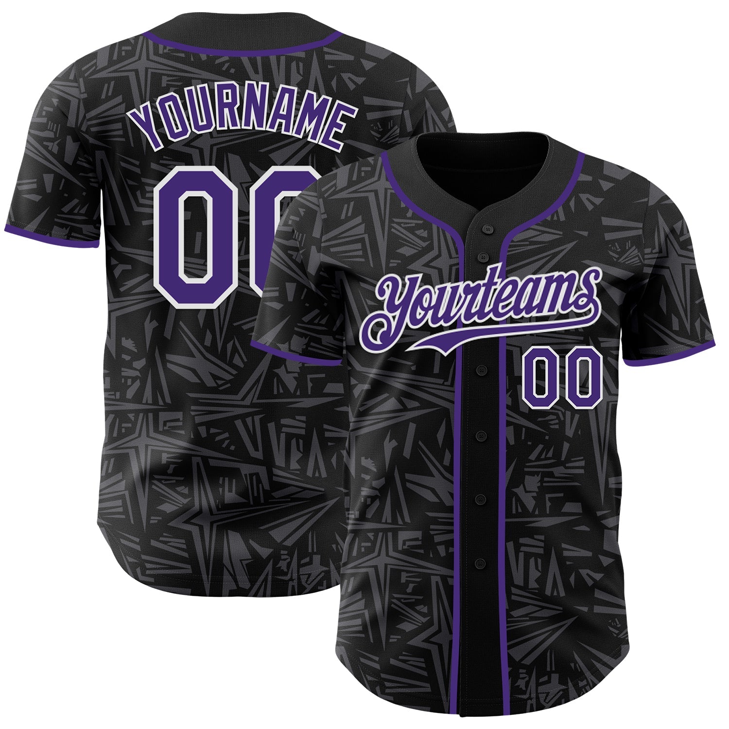 Custom Black Purple Steel Gray-White Geometric Cyber Starburst Authentic Baseball Jersey - Main View
