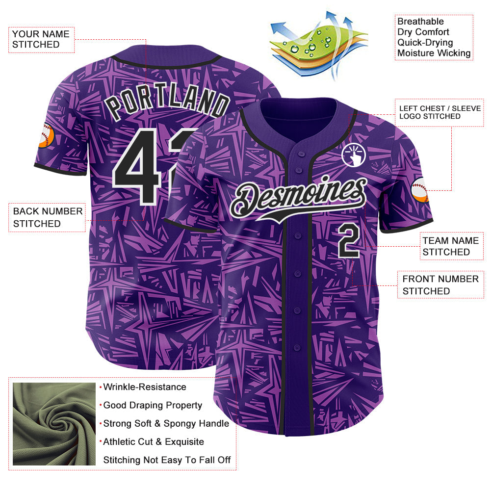 Custom Purple Black Medium Purple-White Geometric Cyber Starburst Authentic Baseball Jersey view 3