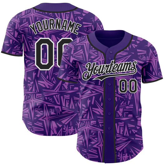 Custom Purple Black Medium Purple-White Geometric Cyber Starburst Authentic Baseball Jersey - Main View
