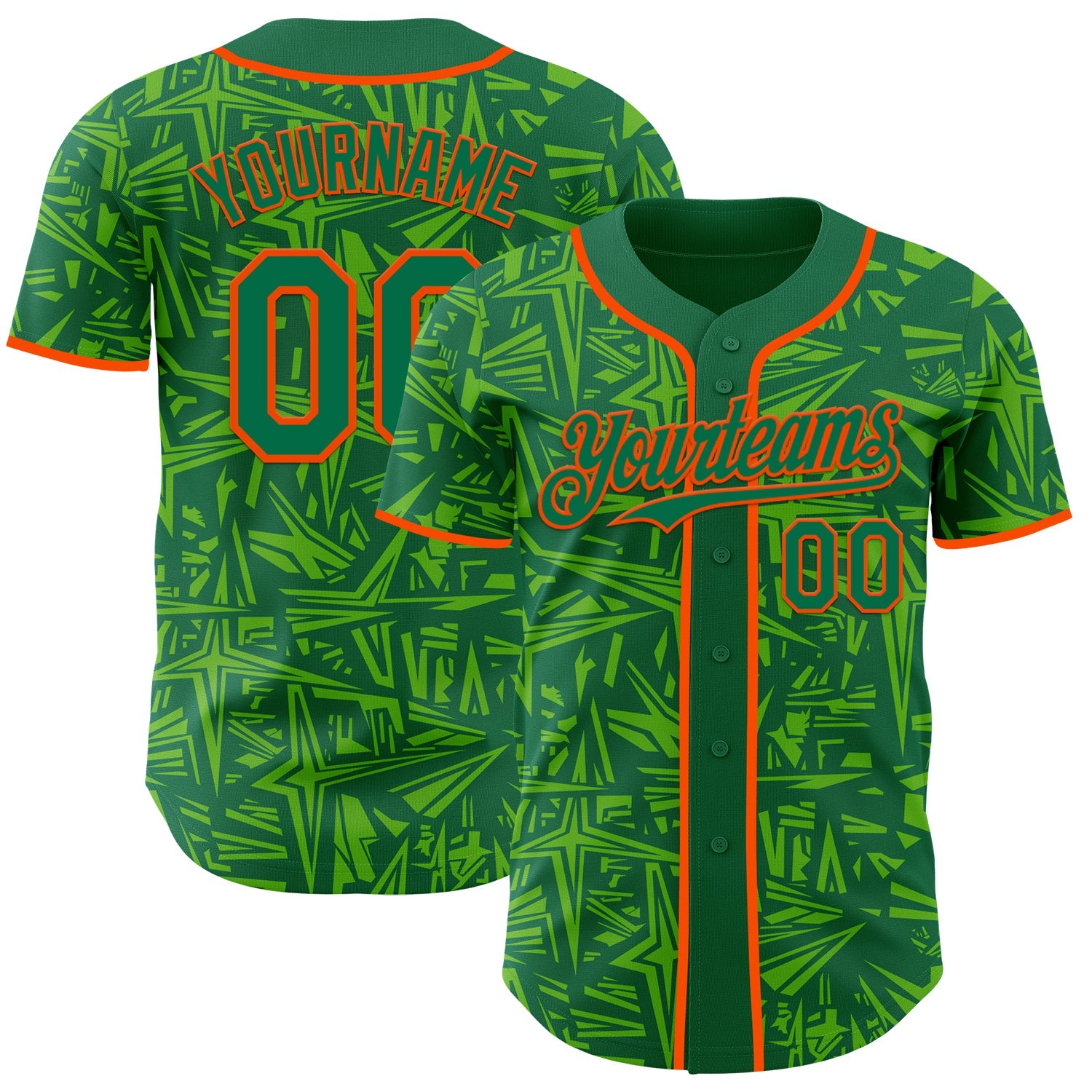 Custom Kelly Green Aurora Green-Orange Geometric Cyber Starburst Authentic Baseball Jersey - Main View