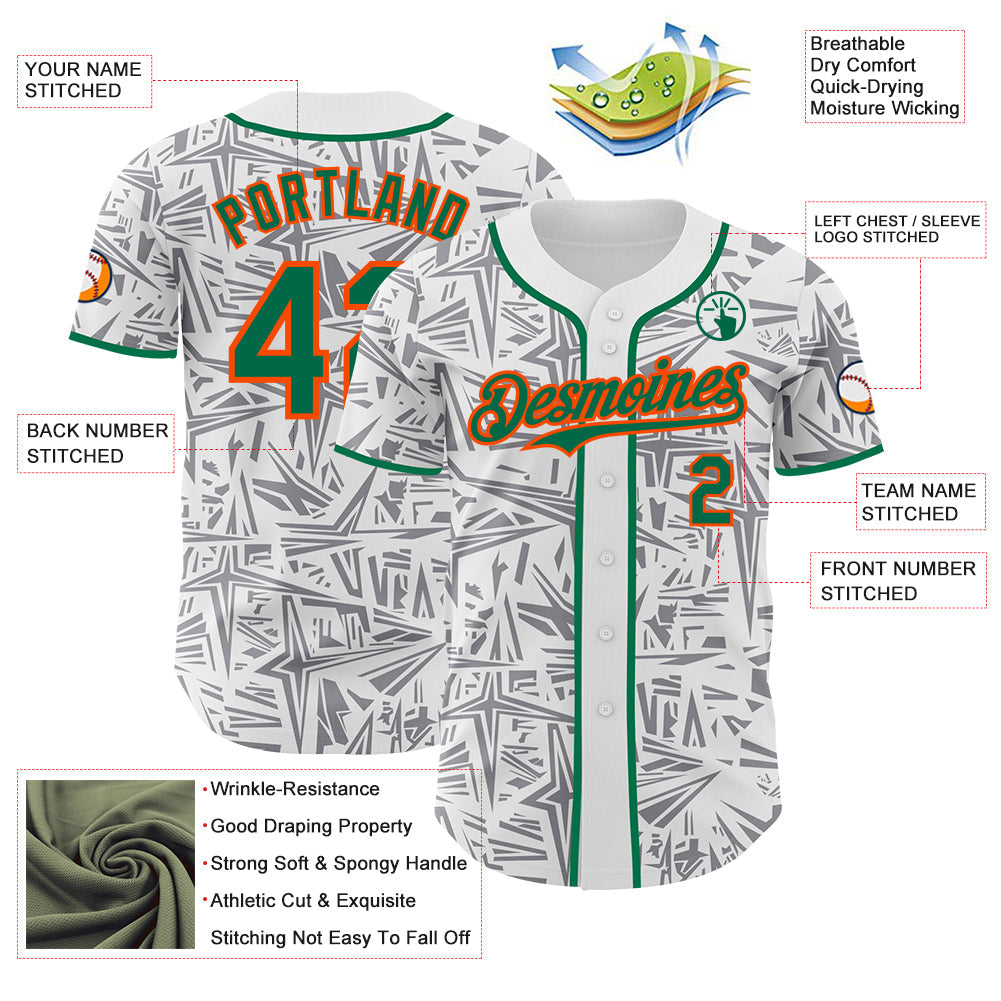 Custom White Kelly Green Gray-Orange Geometric Cyber Starburst Authentic Baseball Jersey view 3