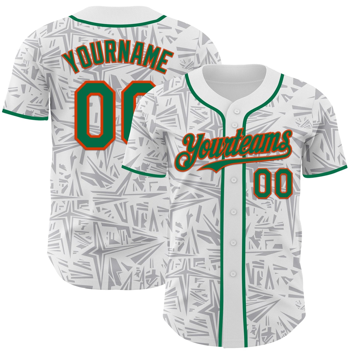 Custom White Kelly Green Gray-Orange Geometric Cyber Starburst Authentic Baseball Jersey - Main View