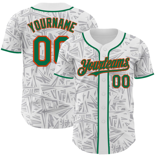 Custom White Kelly Green Gray-Orange Geometric Cyber Starburst Authentic Baseball Jersey - Main View