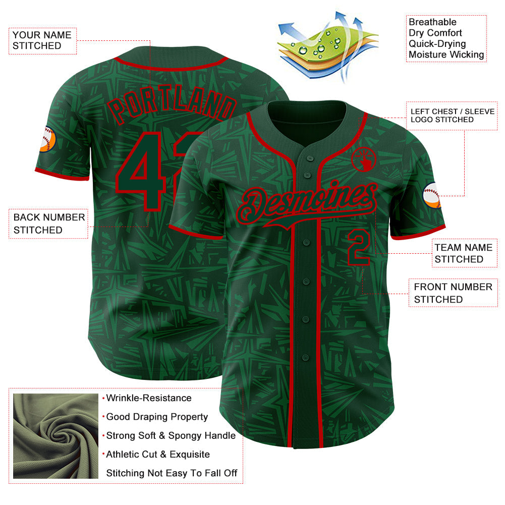 Custom Green-Red Geometric Cyber Starburst Authentic Baseball Jersey view 3
