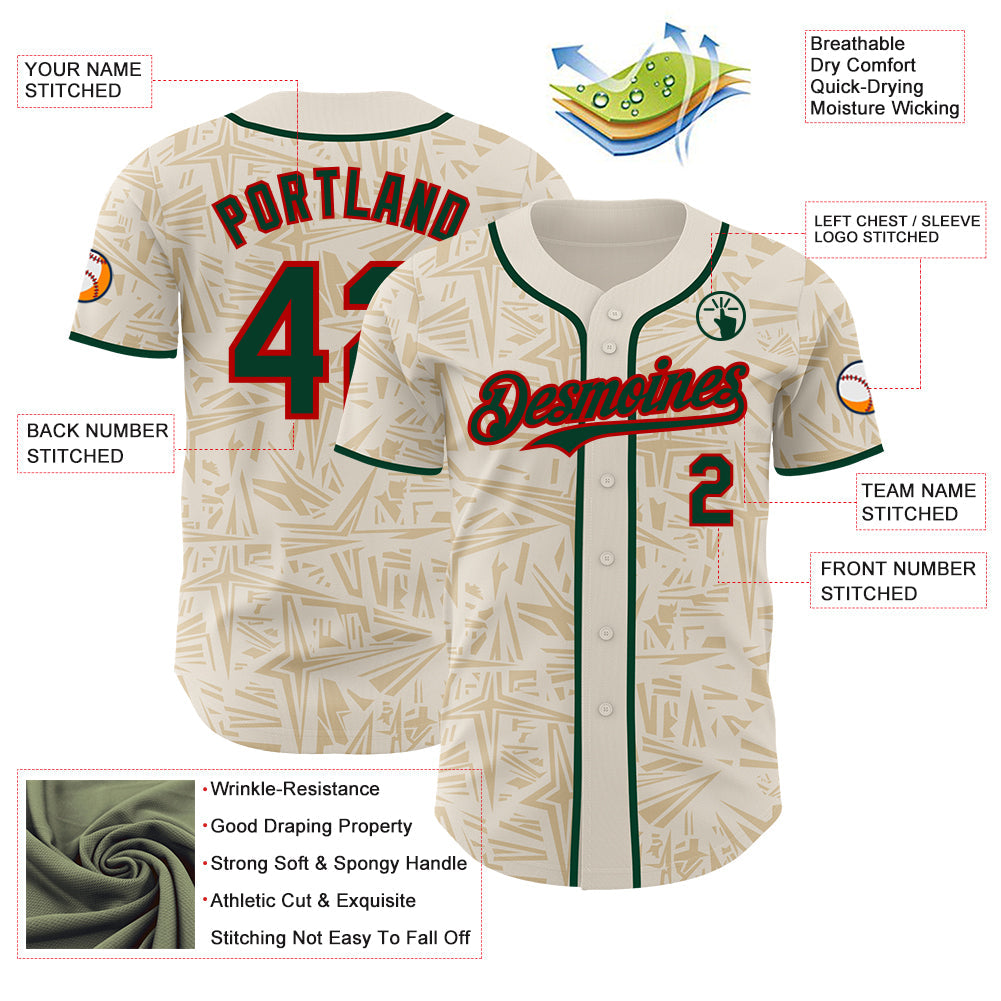 Custom Cream Green-Red Geometric Cyber Starburst Authentic Baseball Jersey view 3