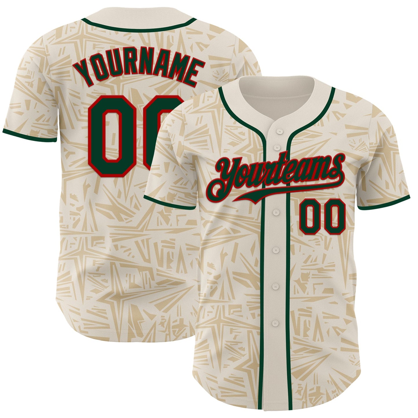 Custom Cream Green-Red Geometric Cyber Starburst Authentic Baseball Jersey - Main View