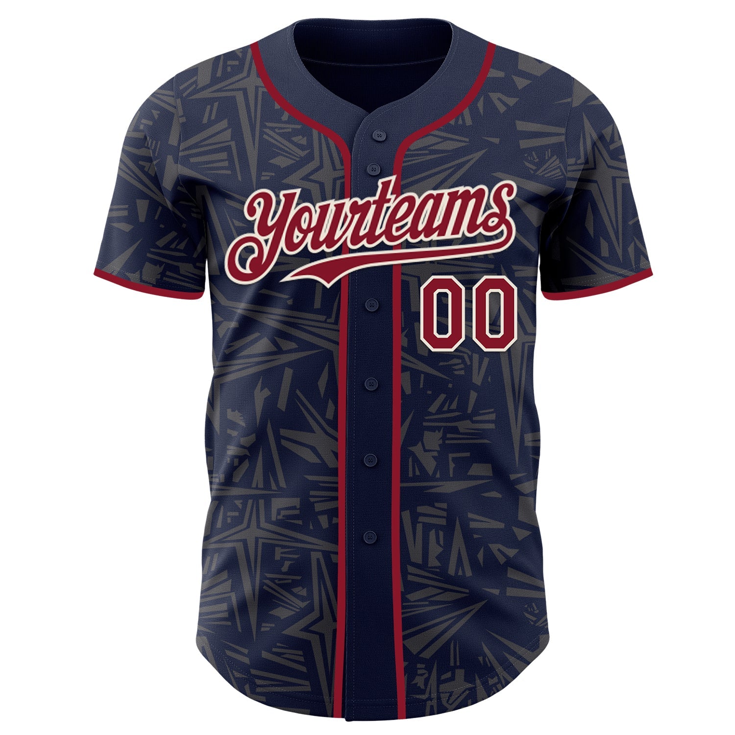 Custom Navy Crimson Steel Gray-Cream Geometric Cyber Starburst Authentic Baseball Jersey view 2