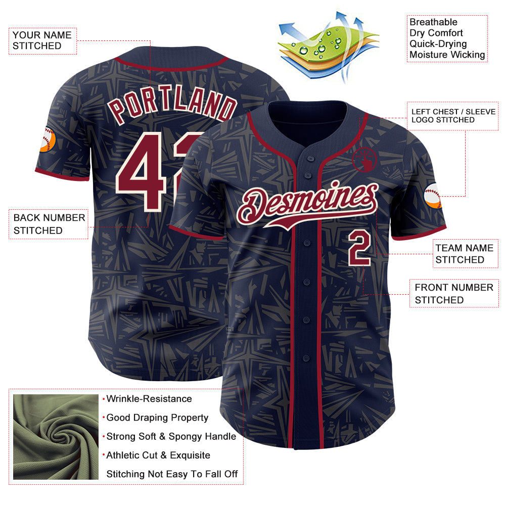 Custom Navy Crimson Steel Gray-Cream Geometric Cyber Starburst Authentic Baseball Jersey view 3
