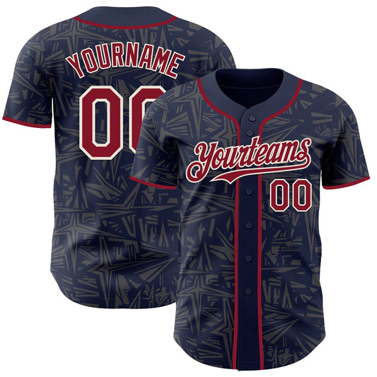 Custom Navy Crimson Steel Gray-Cream Geometric Cyber Starburst Authentic Baseball Jersey - Main View