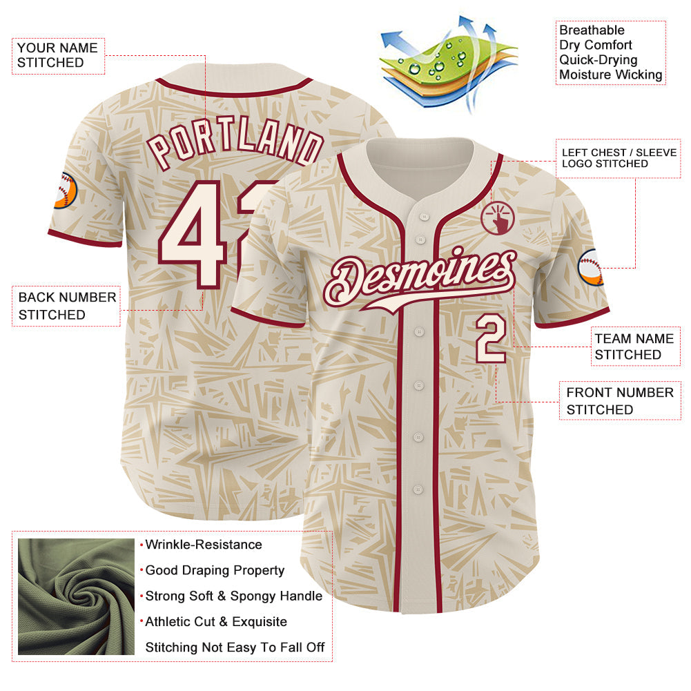 Custom Cream-Crimson Geometric Cyber Starburst Authentic Baseball Jersey view 3
