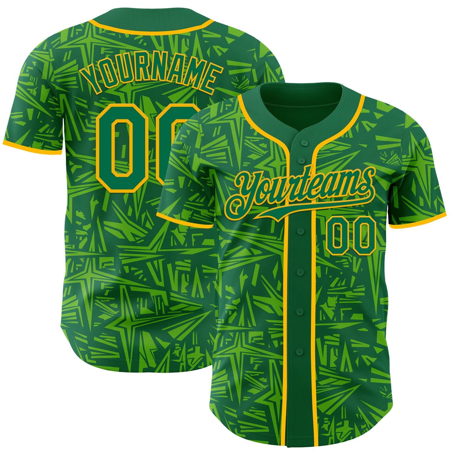 Custom Kelly Green Aurora Green-Gold Geometric Cyber Starburst Authentic Baseball Jersey - Main View