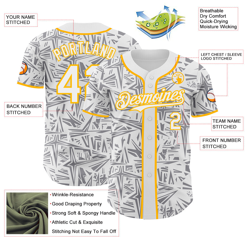Custom White Gray-Gold Geometric Cyber Starburst Authentic Baseball Jersey view 3