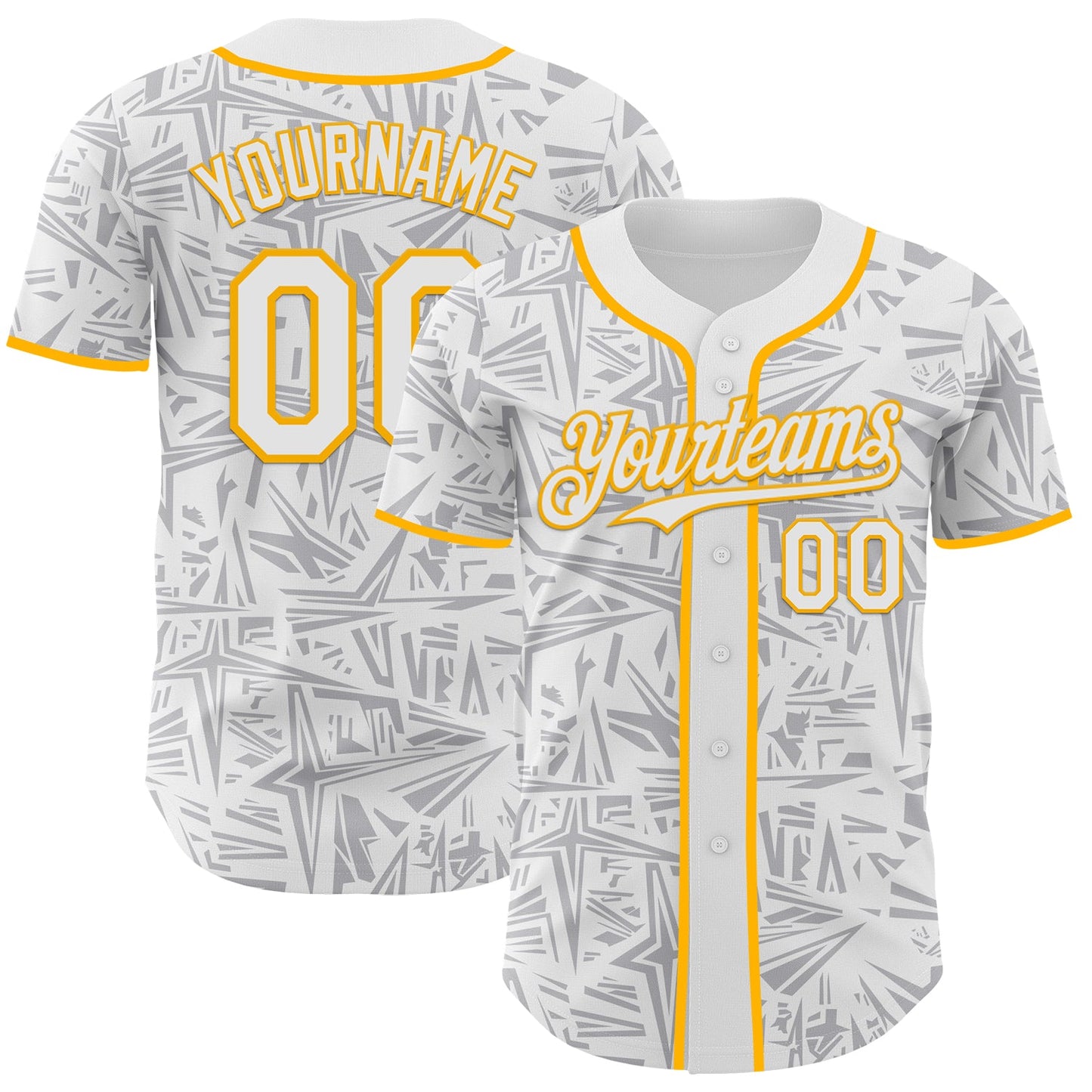 Custom White Gray-Gold Geometric Cyber Starburst Authentic Baseball Jersey - Main View