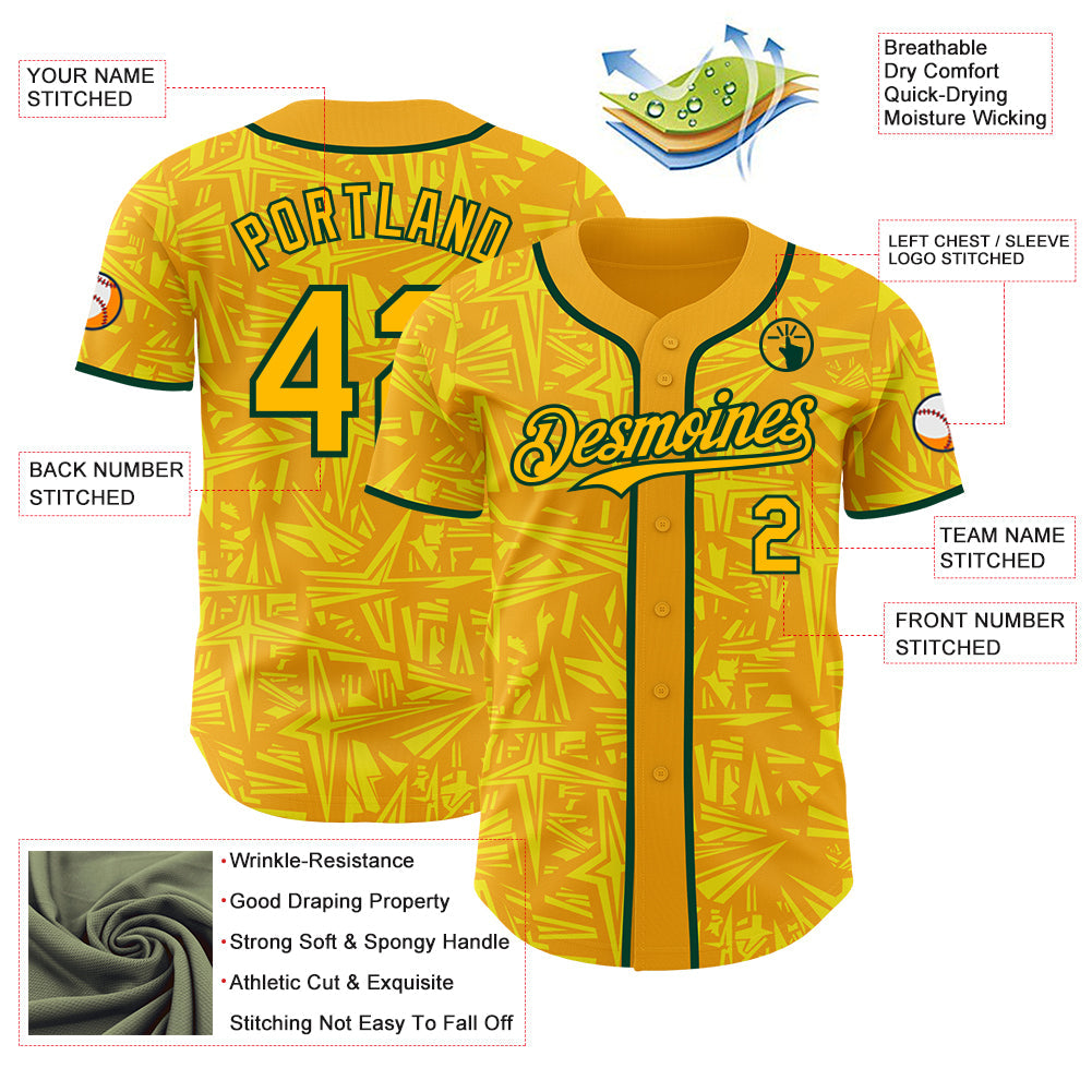 Custom Gold Light Yellow-Green Geometric Cyber Starburst Authentic Baseball Jersey view 3