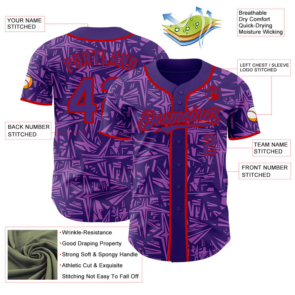 Custom Purple Medium Purple-Red Geometric Cyber Starburst Authentic Baseball Jersey view 3