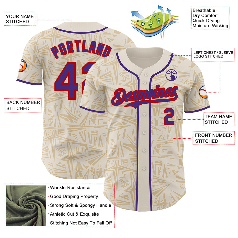 Custom Cream Purple-Red Geometric Cyber Starburst Authentic Baseball Jersey view 3