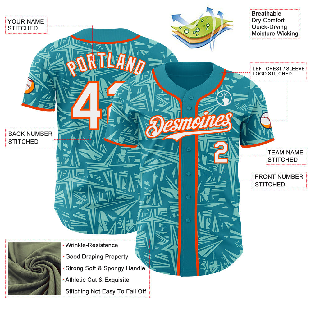 Custom Teal White Ice Blue-Orange Geometric Cyber Starburst Authentic Baseball Jersey view 3