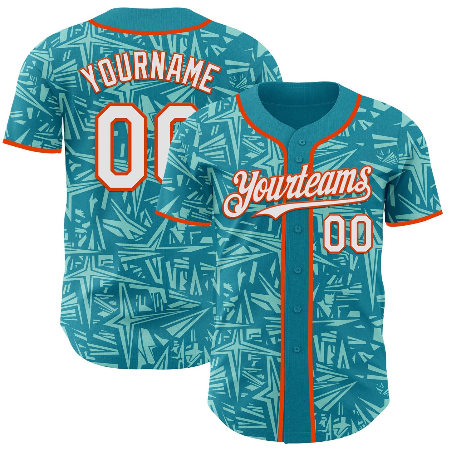 Custom Teal White Ice Blue-Orange Geometric Cyber Starburst Authentic Baseball Jersey - Main View