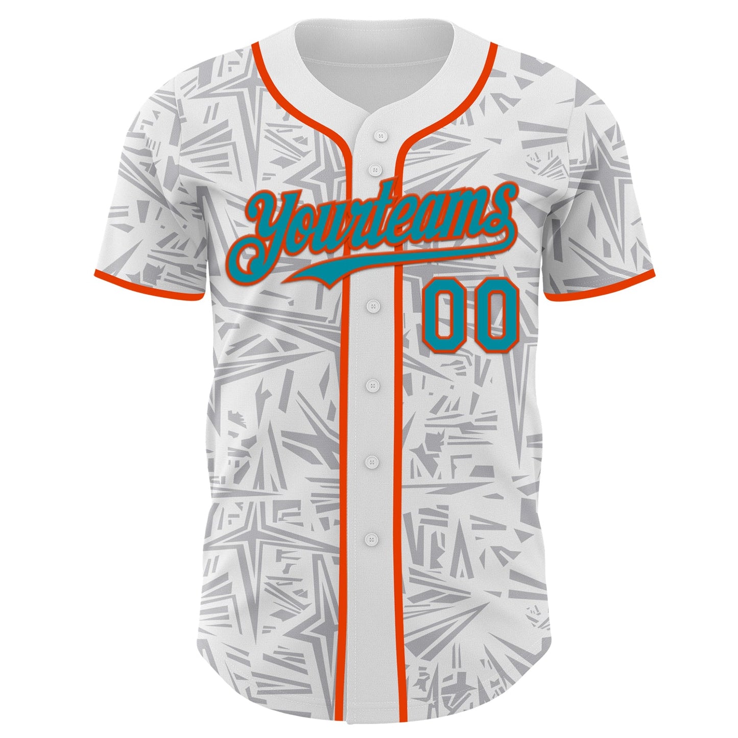 Custom White Teal Gray-Orange Geometric Cyber Starburst Authentic Baseball Jersey view 2