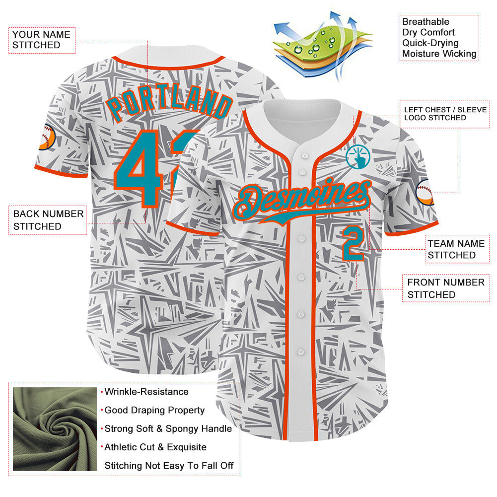 Custom White Teal Gray-Orange Geometric Cyber Starburst Authentic Baseball Jersey view 3