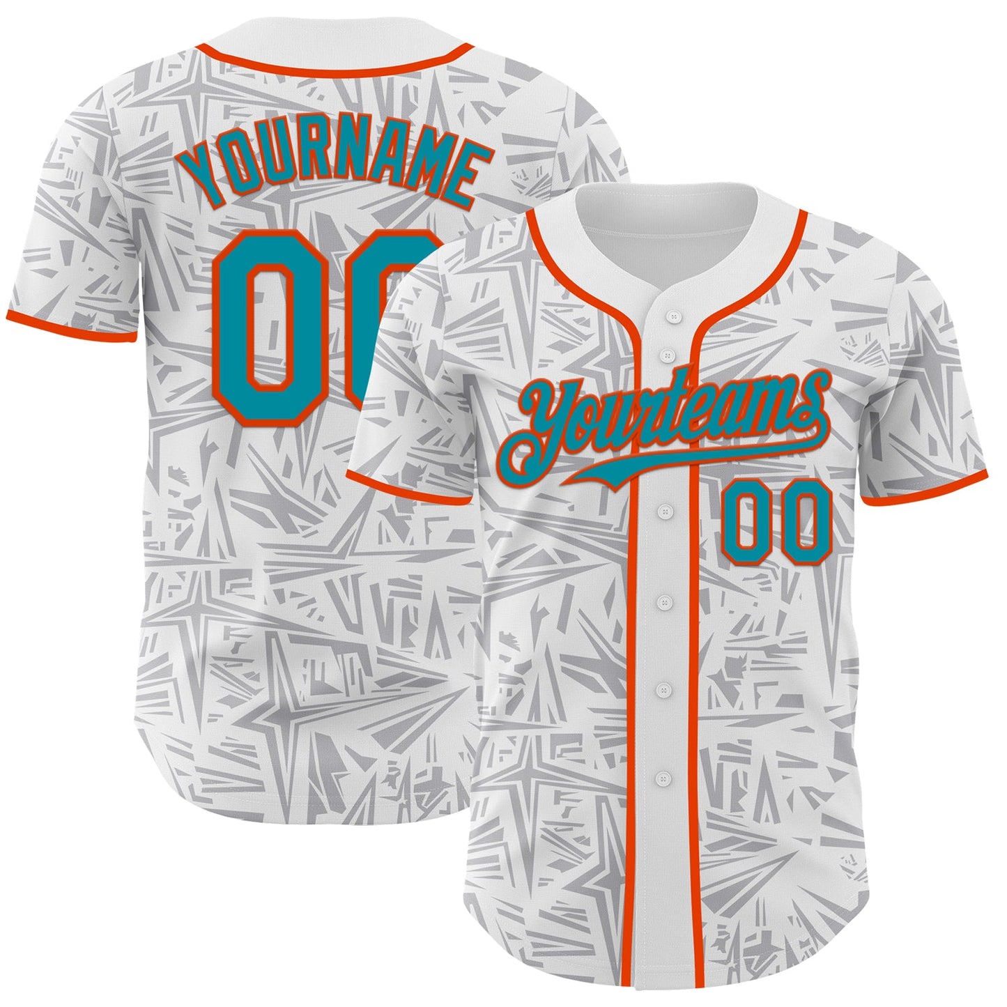 Custom White Teal Gray-Orange Geometric Cyber Starburst Authentic Baseball Jersey - Main View