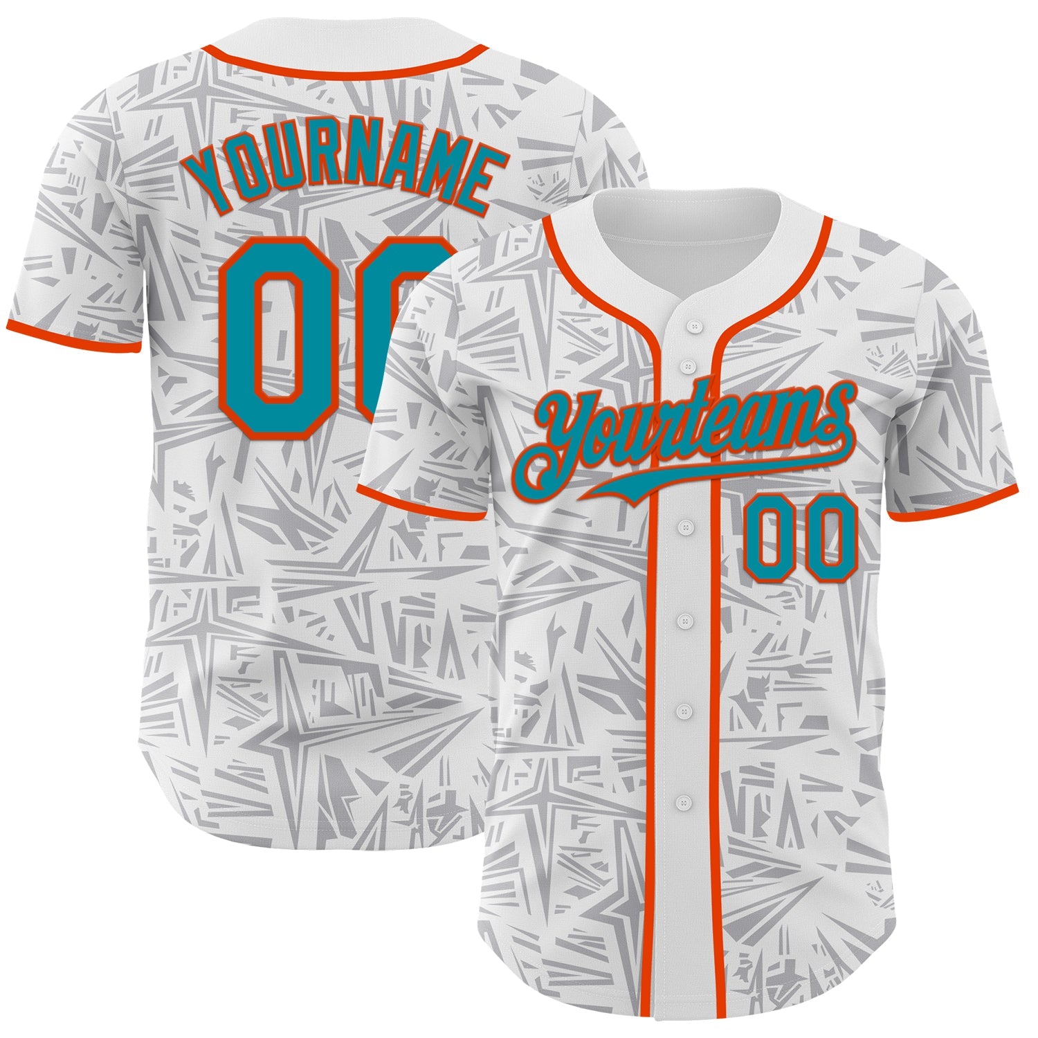 Custom White Teal Gray-Orange Geometric Cyber Starburst Authentic Baseball Jersey - Main View