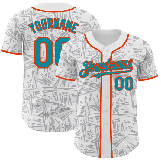 Custom White Teal Gray-Orange Geometric Cyber Starburst Authentic Baseball Jersey - Main View