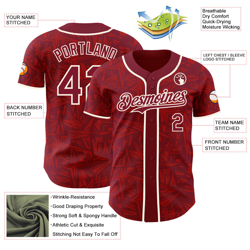 Custom Crimson-Cream Geometric Cyber Starburst Authentic Baseball Jersey view 3
