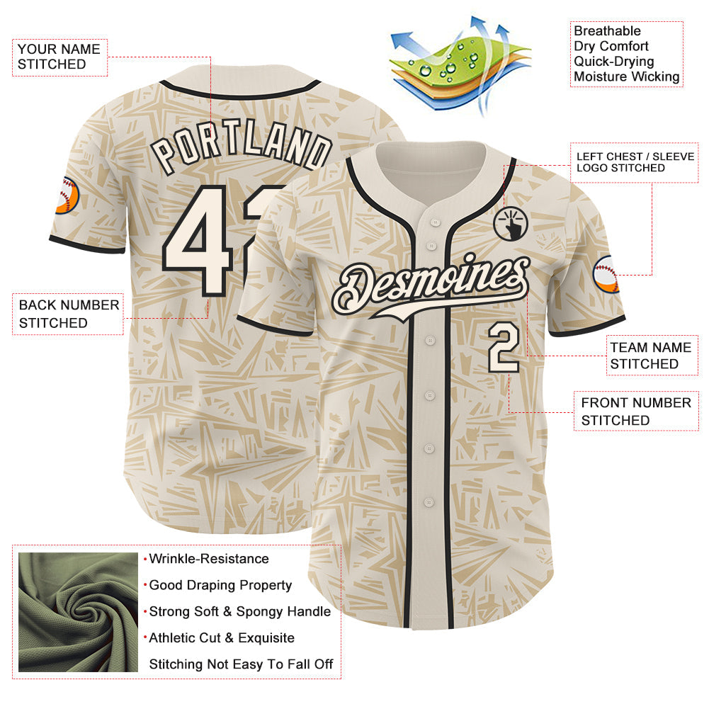Custom Cream-Black Geometric Cyber Starburst Authentic Baseball Jersey view 3