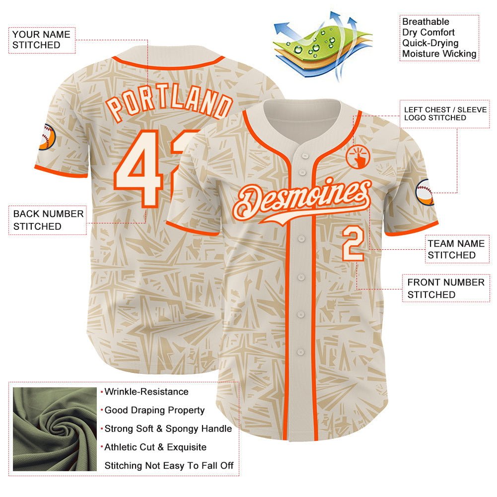 Custom Cream-Orange Geometric Cyber Starburst Authentic Baseball Jersey view 3