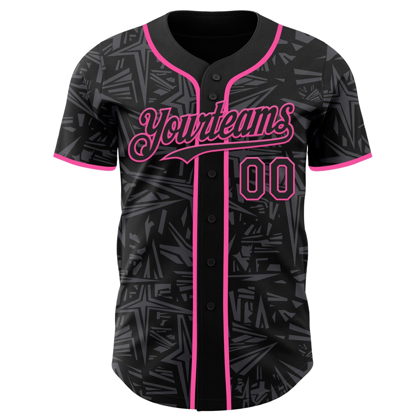Custom Black Steel Gray-Pink Geometric Cyber Starburst Authentic Baseball Jersey view 2